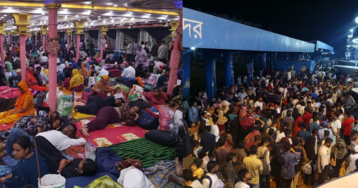 লঞ্চে তিল ধারণের ঠাঁই নেই, বরিশাল নদীবন্দরে যাত্রীর ঢল